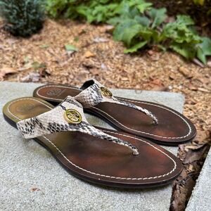 Tory Burch Cameron Python Leather Gold Logo Flip Flops Sandals Size 9.5 Glam
